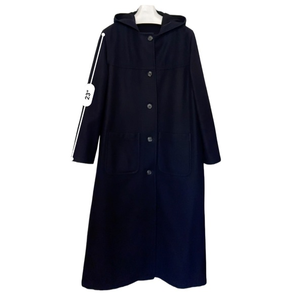 BURBERRY’S | Hooded Navy Blue Button Up Wool Maxi Over Coat Jacket Trench - Picture 8 of 16